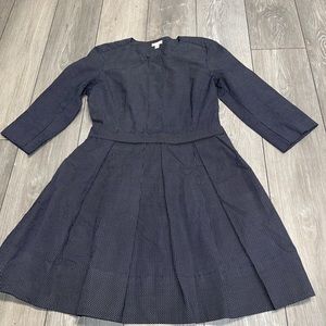 Gap Womens Sheath Dress 8 Navy Blue White Micro Polka Dot 3/4 Sleeves Pleated